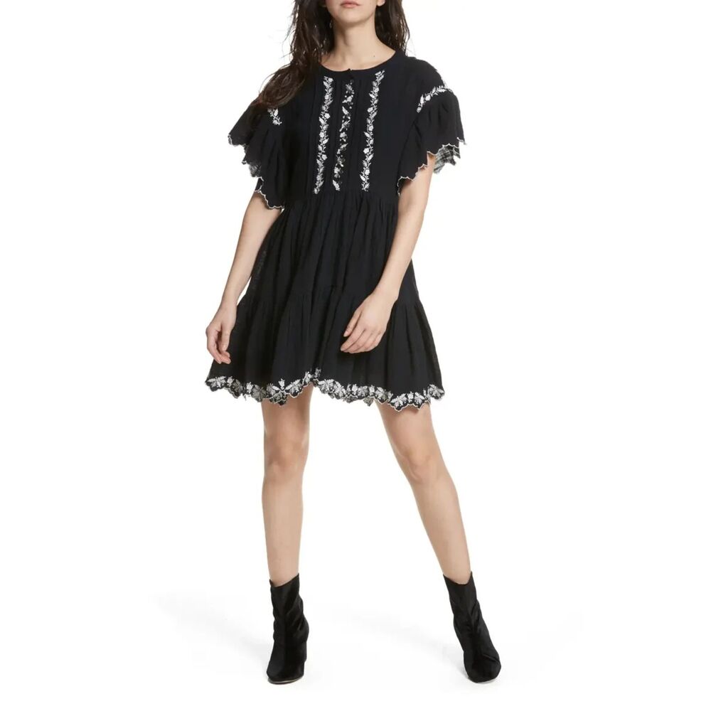 Free People Santiago Embroidered Mini Dress Boho Black Size Small